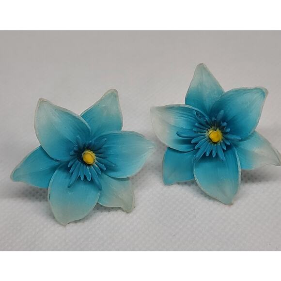 Vintage Clip On Earrings Turquoise Yellow Tropical Flower Marked West Germany - Picture 4 of 9